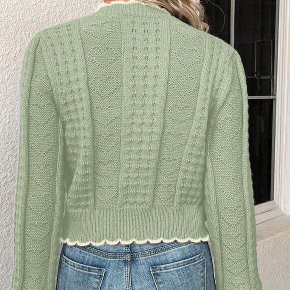 Green Casual Women's Long Sleeve Contrast Trim Cardigan - Picture 2 of 6